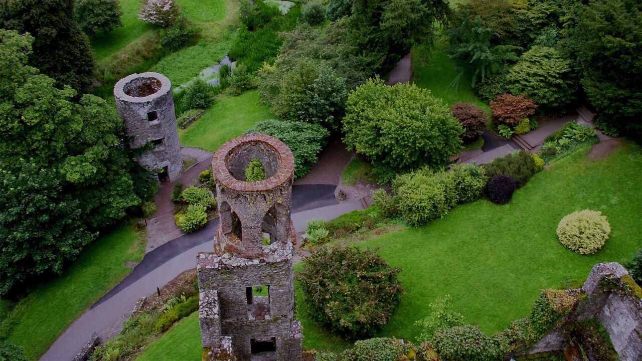aerial view of the Blarney Castle towers in Cork, Ireland
